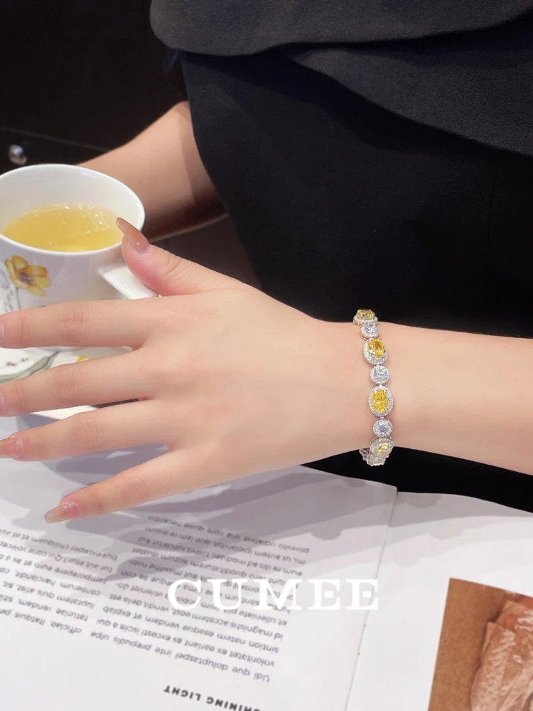 CUMEE New Classic Oval-shaped Artificial Yellow Diamond Bracelet for Women 925 Silver and Gold-plated Fine Jewelry