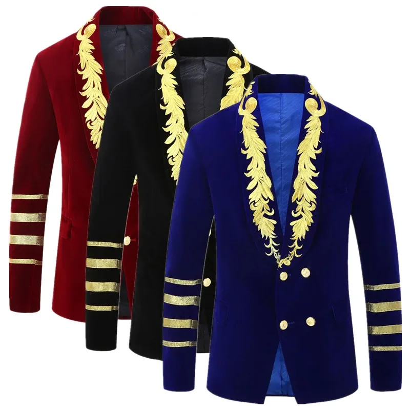 

Blue Velvet Embroidered Suit Men Double Breasted Suit , Fashion Male Wedding, Dance, Party, Stage Performance Luxurious Blazer