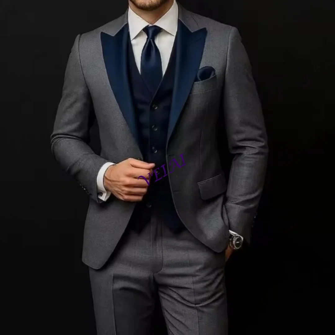 

CustomizedDark Grey And Navy Blue Formal Men Suit Groom Groomsman Wedding Party Prom Business Male Tuxedos 3 Piece Set Blazer Ve