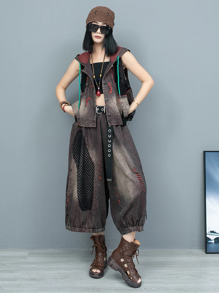 Fashion Woman Autumn And Winter Personalized Denim Patchwork Mesh Hooded Vest Wide Leg Pants Two-piece Set Loose Fashion Suit