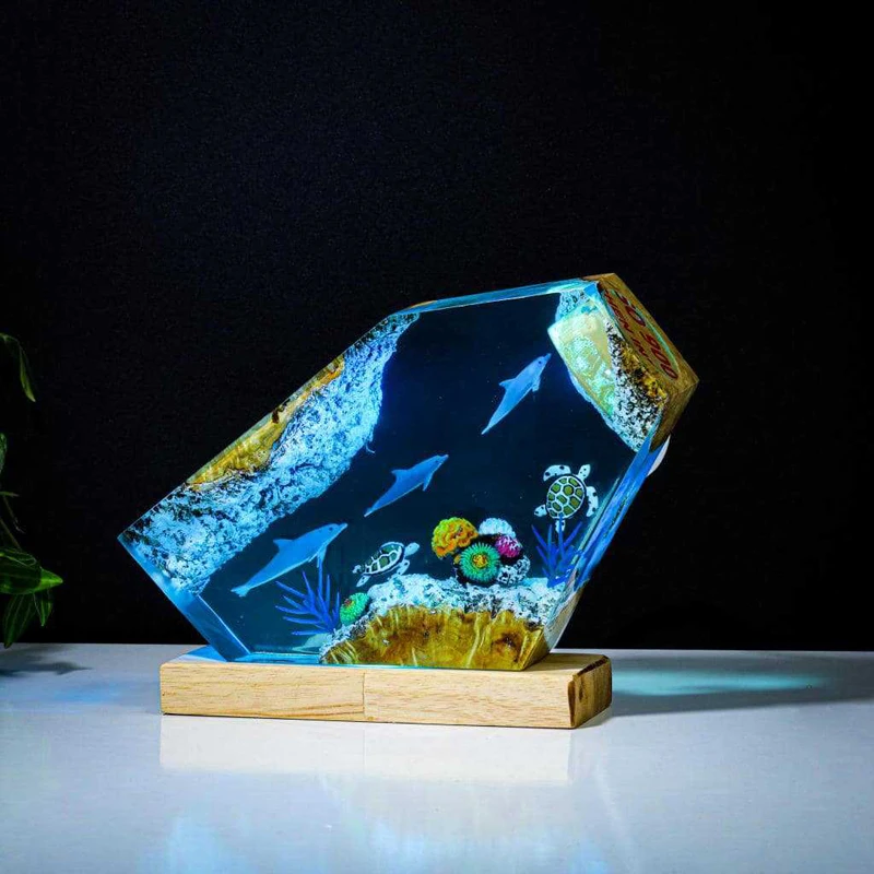 Luz de mesa de resina com organismo mundial do fundo do mar, arte criativa, decoração, lâmpada, golfinhos, tartarugas marinhas, tema, luz noturna, carga usb