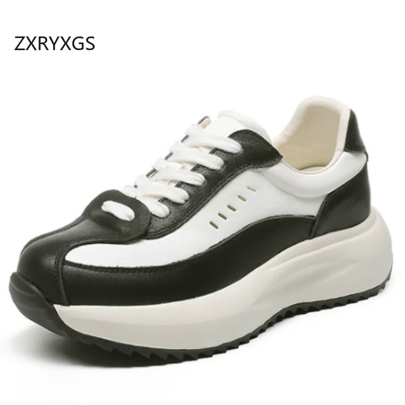 ZXRYXGS 2026 Temperament Elegant Top Layer Cowhide Leather Sneakers Casual Shoes Woman Lace-up Thick Sole Wedges Sneakers Tide