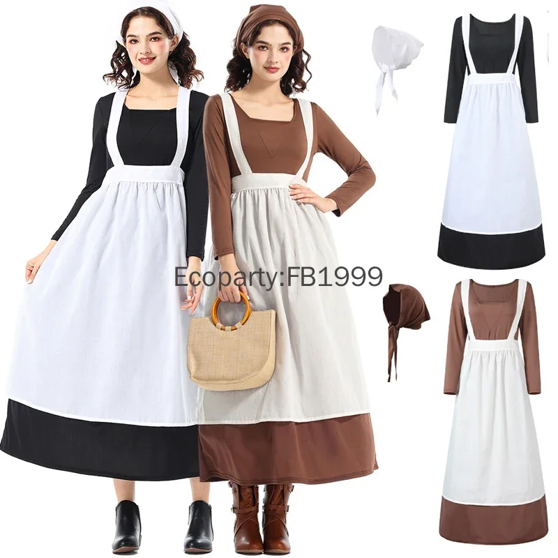 Nuevo disfraz de sirvienta francesa de Halloween para mujer, vestido largo de Cosplay Vintage para hija de granjero con delantal, trajes de fiesta de Carnaval para mujer