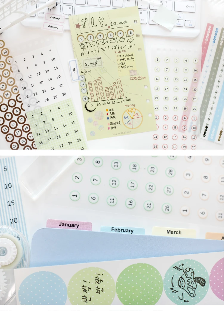 Journal GO 30pcs Mixed Material Date Planner Stickers PET & Washi Paper Index Sticker for Scrapbooking Colorful Number Month