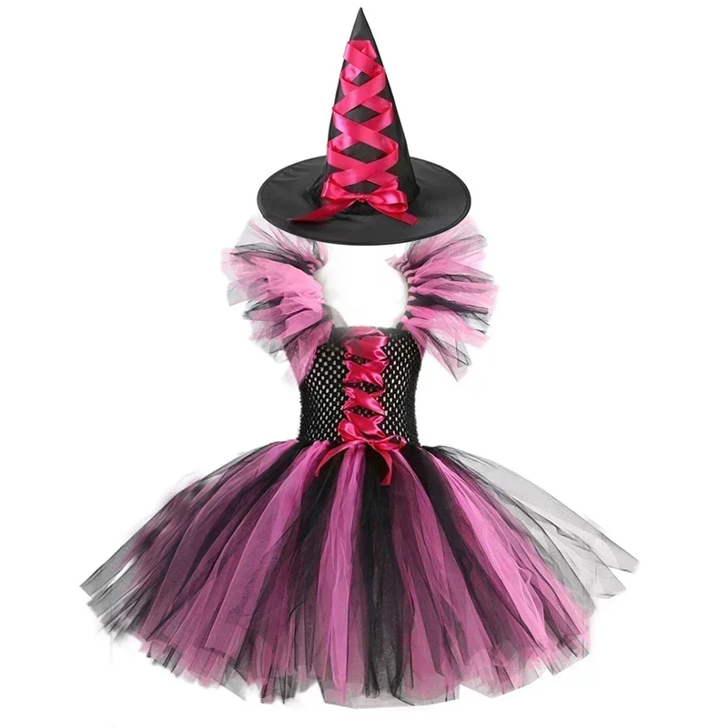 Kinder-Halloween-Kostüm für Mädchen im Hexenstil mit Tutu, Hut und Besen für Themenpartys, Karneval und Rollenspiele. – Detail 13