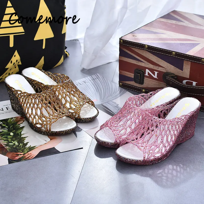 Comemore Bling Wedges 2023 Summer High Heel Shoes Woman Casual Jelly Shoe Slip on Female Fashion Slides Women Platform Slippers