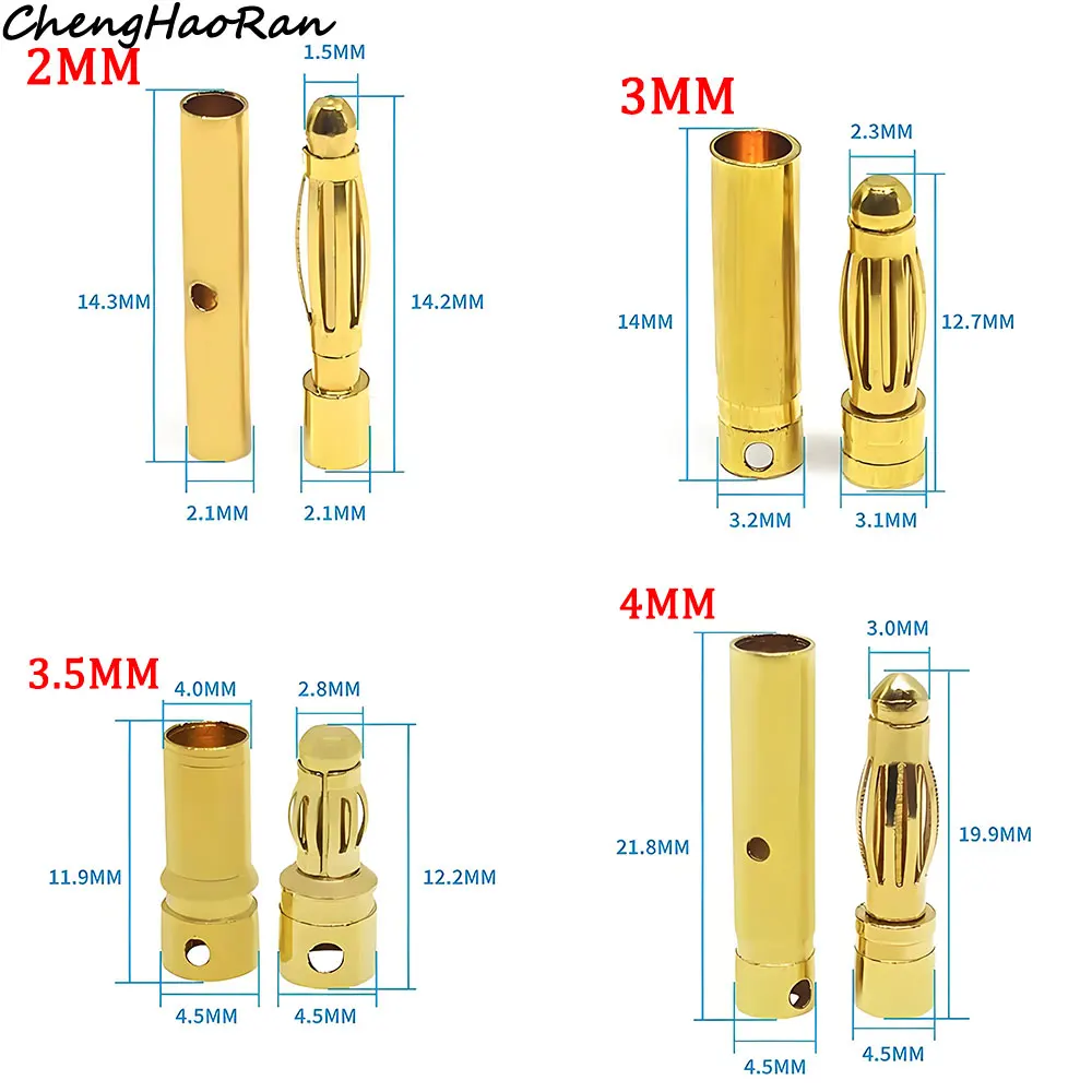 2 шт. 2 мм, 3 мм, 3,5 мм, 4 мм, 5 мм, 5,5 мм, 6 мм, штекер типа «банан», позолоченный медный бесщеточный пулевидный разъем двигателя для батареи ESC, оптовая продажа