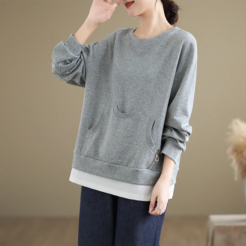 เสื้อฮู้ดสี Blo ทรงหลวมผู้หญิงศิลปะแขนยาวซิป Crew Neck Sweatshirt ฤดูใบไม้ร่วงฤดูหนาวมาใหม่