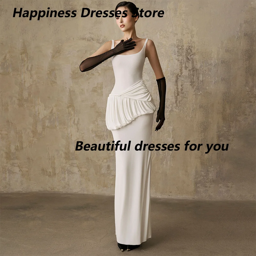 Customized Jersey Tiered Pleats Scoop-neck Straight Evening Dresses Sleeveless Ankle-length Back-split Backless Prom Gown