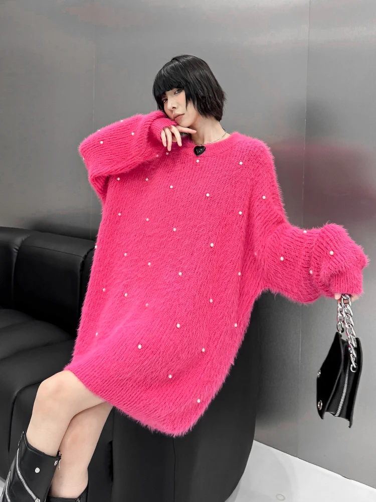 

Ele Pure Color Knitted Sweater Dr 2024 Winter Collection Loose Fit Furry Texture round Neline Mid-Length Design