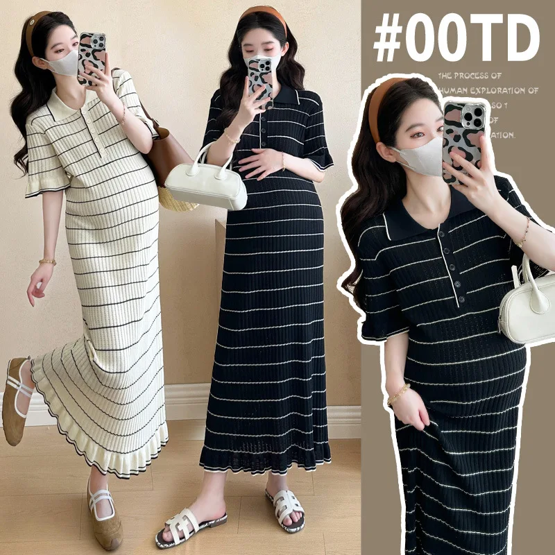 Robe pour femmes enceintes, robe longue d'été à rayures tricotées à col polo, vêtements de grossesse