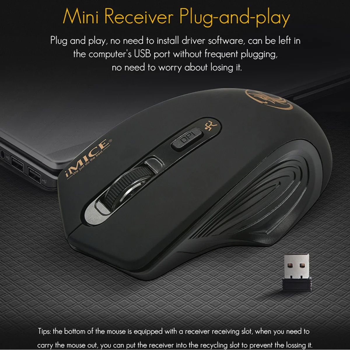 IMICE G-1800 2.4G USB Black Wireless Mouse Business Office  4 Button Gaming Mouse Sound off Adjustable Sensitivity