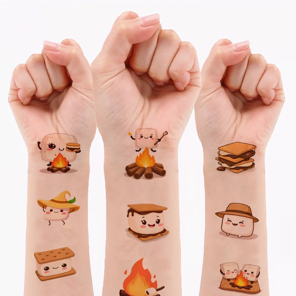 

108pcs Temporary Tattoo Smores Stickers Cartoon Cute Campfire Waterproof Long-lasting Body Stickers For Arms