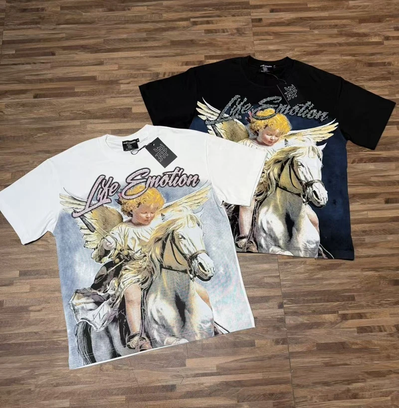 T-Shirt mit Strass-Engel-Print für Männer, Baumwoll-Grafik-T-Shirt, Retro-Punk-Urban-Streetwear, Sommer-Freizeitkleidung, Kurzarm-Oberteil – Detail 5