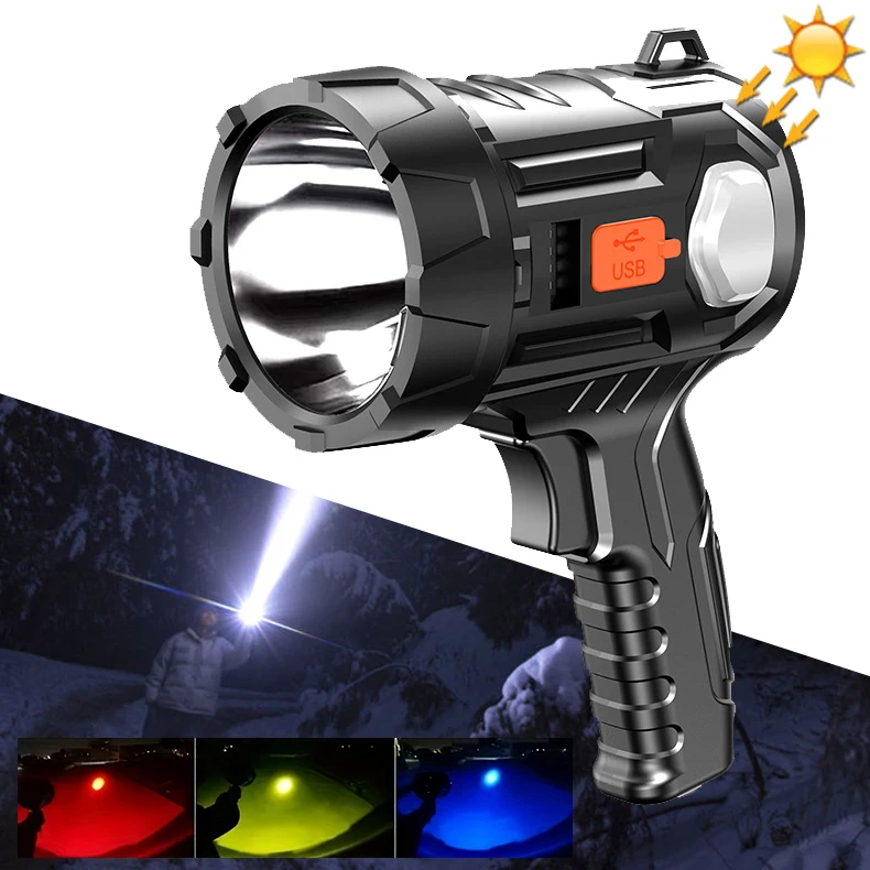 High Power LED Spotlight Flashlight Solar Powered/Rechargeable Outdoor Camping Floodlight USB Flashlight With 3-Color Filter