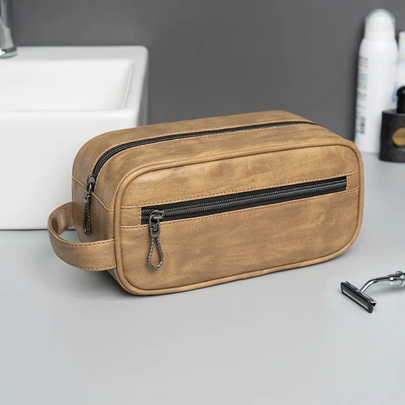 Bolsa de higiene pessoal de viagem masculina, bolsa de cosméticos de couro vintage portátil para viagem de negócios ao ar livre, sacos de armazenamento de suprimentos