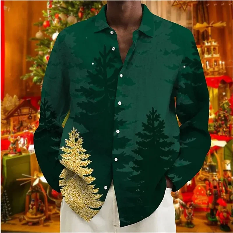 2023 Christmas Gift New Men\'s Long Sleeve Printed Shirt Casual Holiday Party Clothing Comfortable Soft Fabric