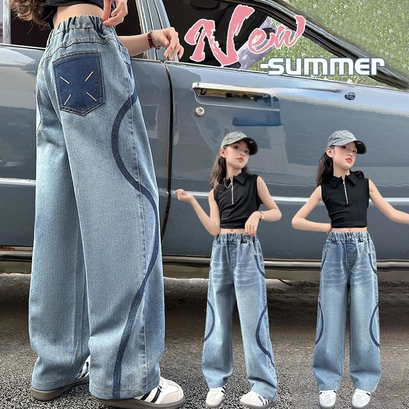 

Summer Girls Tencel Lyocell Jeans Pants Thin Loose Wide Leg Butterfly Embroidery Casual Denim Trousers for Tween Kids 5-14