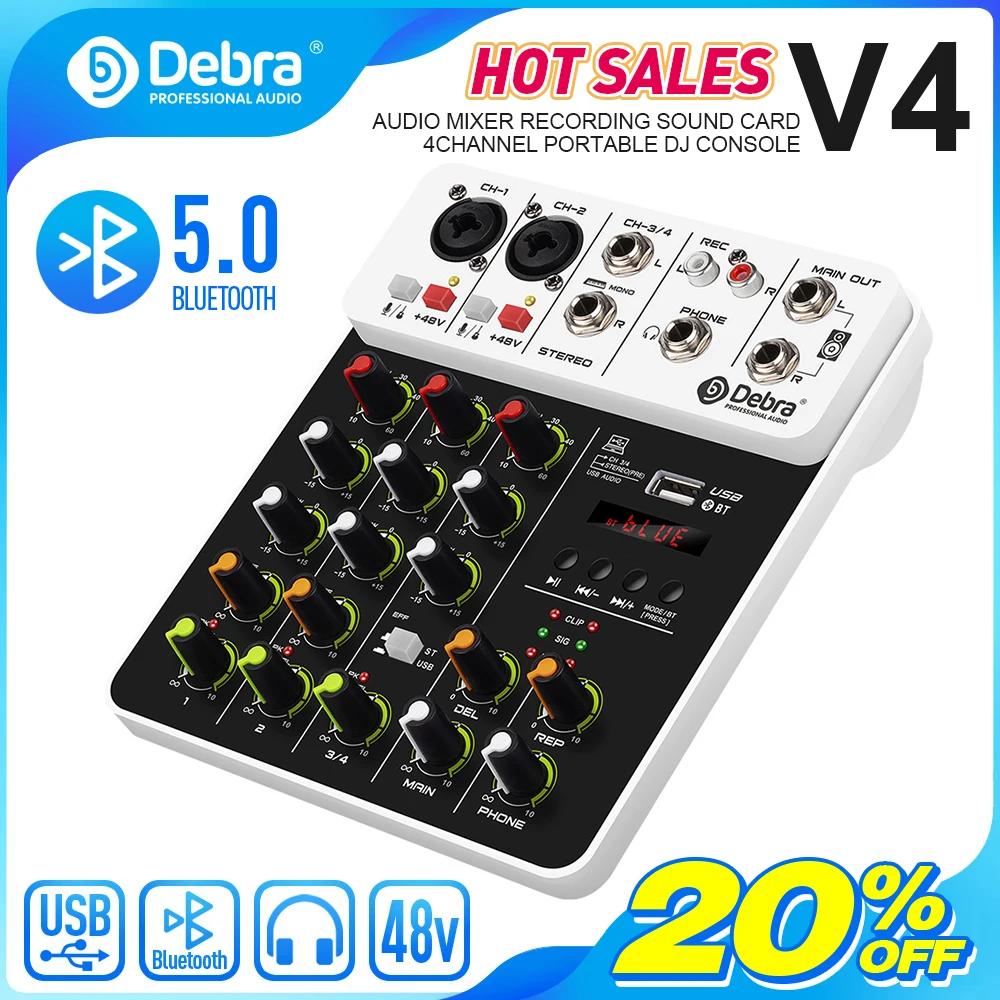 Debra V4 4 Kanalen Audio Mixer Met Bluetooth USB 48 V Fantoomvoeding Vertraging Herhaal Effect Voor Sound Mixing console PC Opname