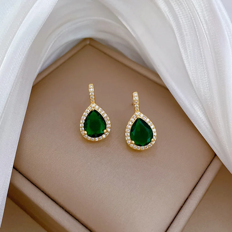 2pcs/set Jewelry Sets Women Elegant Waterdrop Green Rhinestone Pendant Necklace stud Earrings Wedding Dress Bridal Jewelry Set