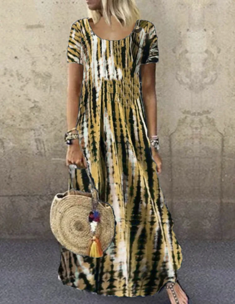 تنورة طويلة مطبوعة بربطة عنق ، فستان كاجوال برقبة مستديرة ، أكمام قصيرة ، أوربية وأميركية ، جديدة ، صيفية