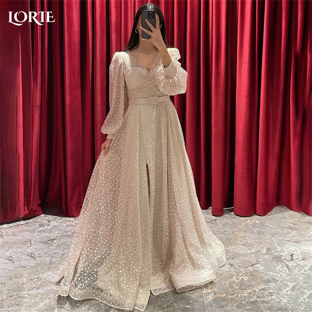 LORIE White Dot Formal Prom Dresses A-Line V-Neck Puff Sleeves Backless Evening Dress Lace Up Back Floor Length Party Gowns 2023