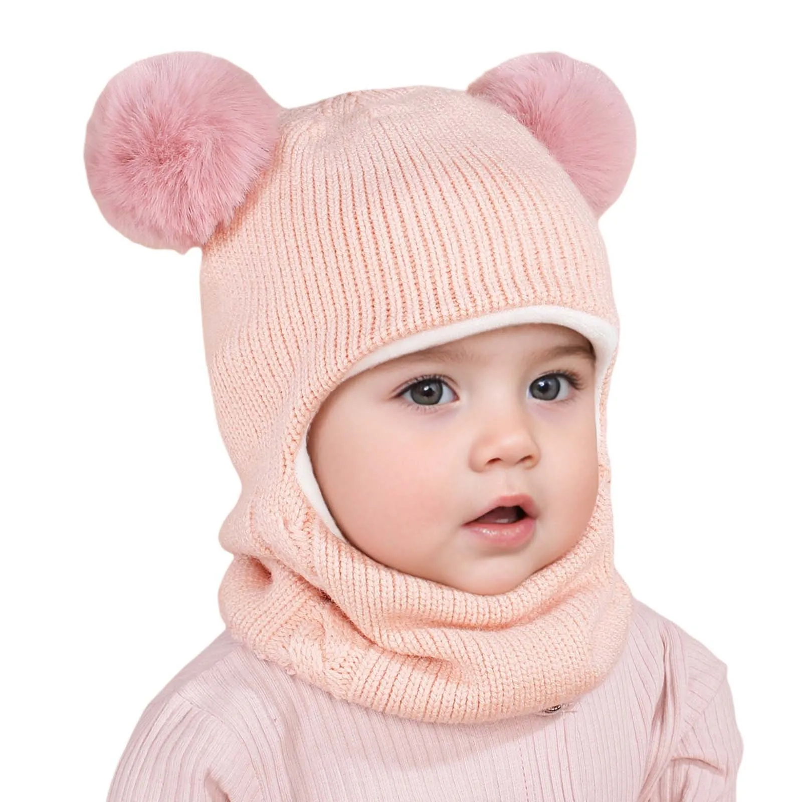 Winter Balaclava Hats For Children Double Balls Ear Protection One-piece Hat Scarf Cute Pompom Ball Autumn Boys Girls Wool Cap