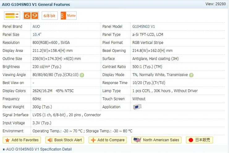 Écran LCD de 10.4 pouces, 800x600, G104SN03 V1