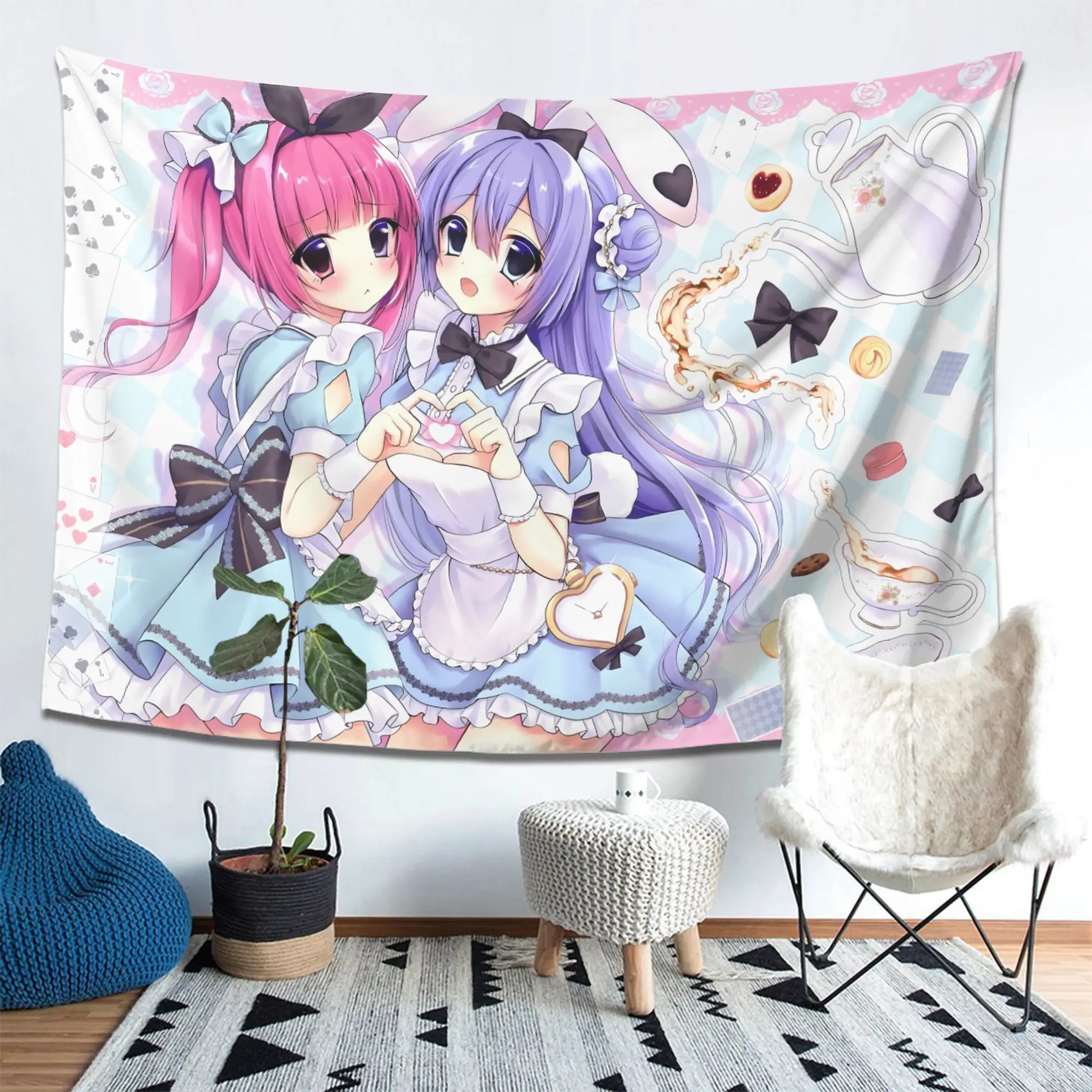 1pc Pink Purple Double Girl Tapestry, Wall Hanging for Living Room Sofa Background Decoration, Ideal Holiday Gift