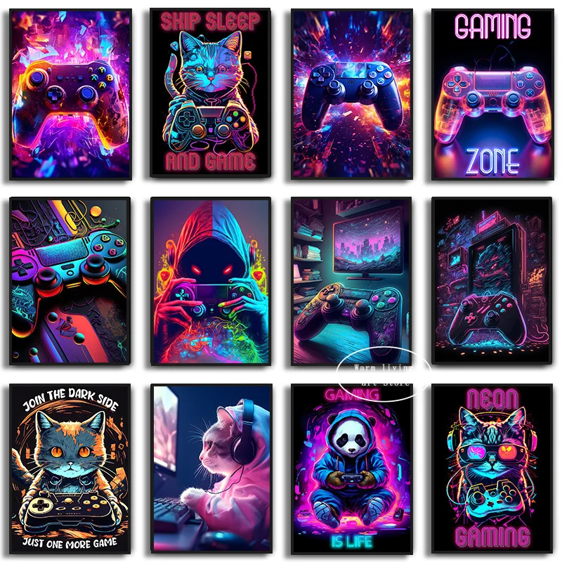 90s Colorful Neon Gamer Controller Canvas Poster Cute Cat Panda Esports Gaming Wall Art Painting for Kawaii Room Home Decor