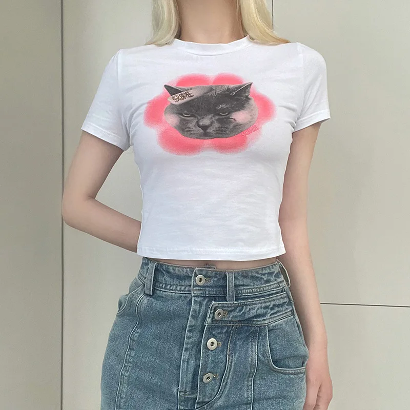 

Summer New Sweet Cute Cat Print Cartoon Short Sleeve T-shirt