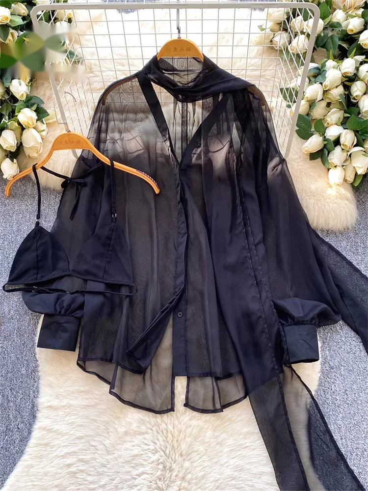 Leopard Sheer Oversize Tops With Lace Up Matching Lingerie Women Thin Shirt Sexy Trendy Flowy Halter Ribbons Blouse