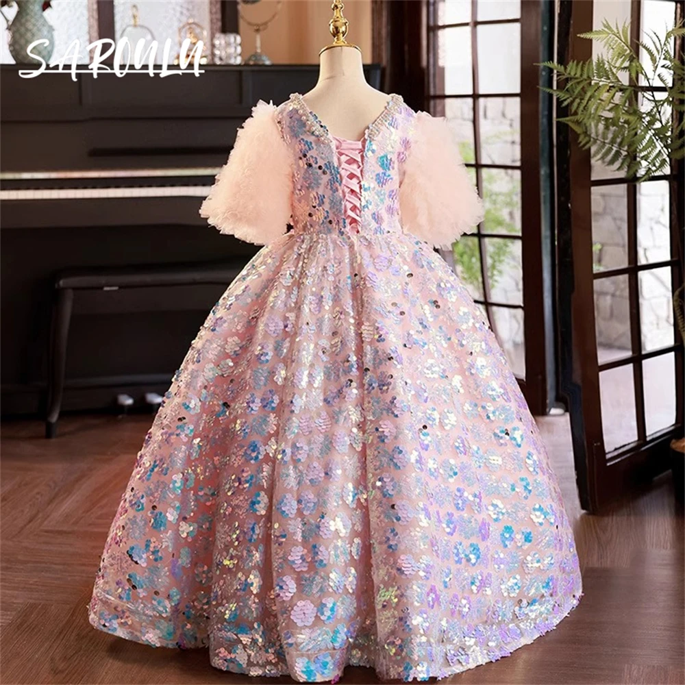 Sequined Pink Florwer Girl Dresses, Child Birthday Photo Shoot Dress, Floor Length Wedding Guest Gown For Children