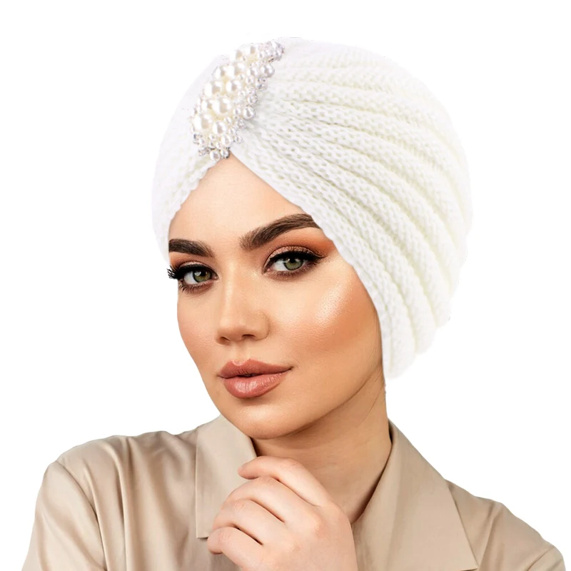 New Women Vintage Bead Knitted Turban Thick Coldproof Elastic Head Wraps Casual Knit Hats Warm Pleated Beanies Chemo Cap