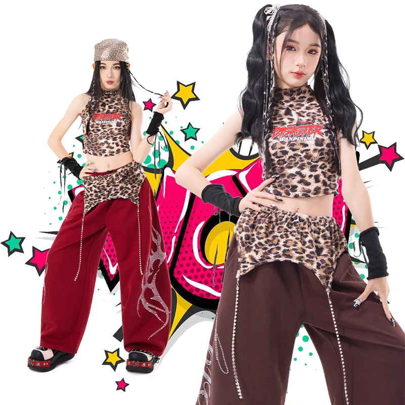 

Children'S Ballroom Dance Suits Girls Jazz Dance Costume Kids Cool Hip Hop Clothing Leopard Top Cargo Pants Street Wear XS11289