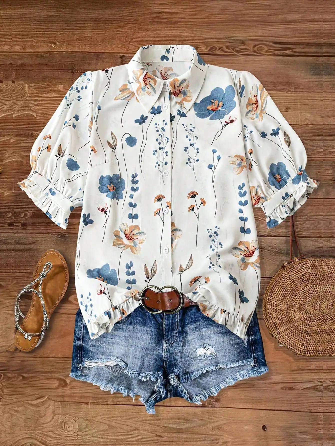 

Elegant Floral Print Loose Fit Short Sleeve Blouse For Women
