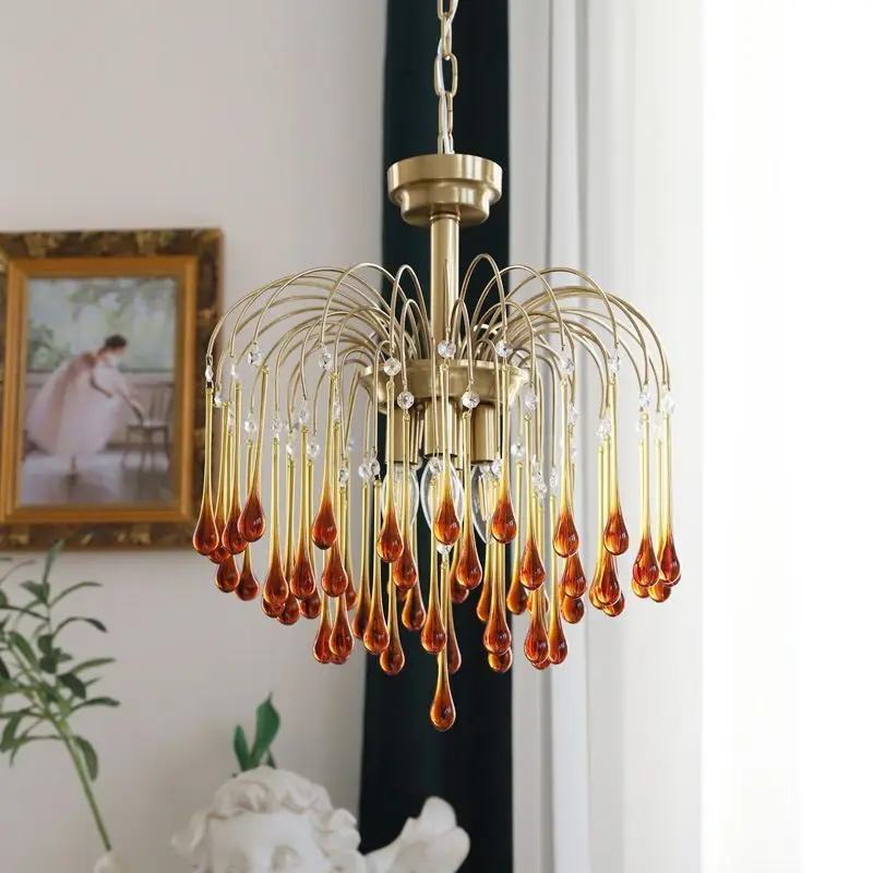 

Italian Retro Waterdrop Glass French Light Luxury Living Room Bedroom Light Dining Table Entrance American Style Pendant Light