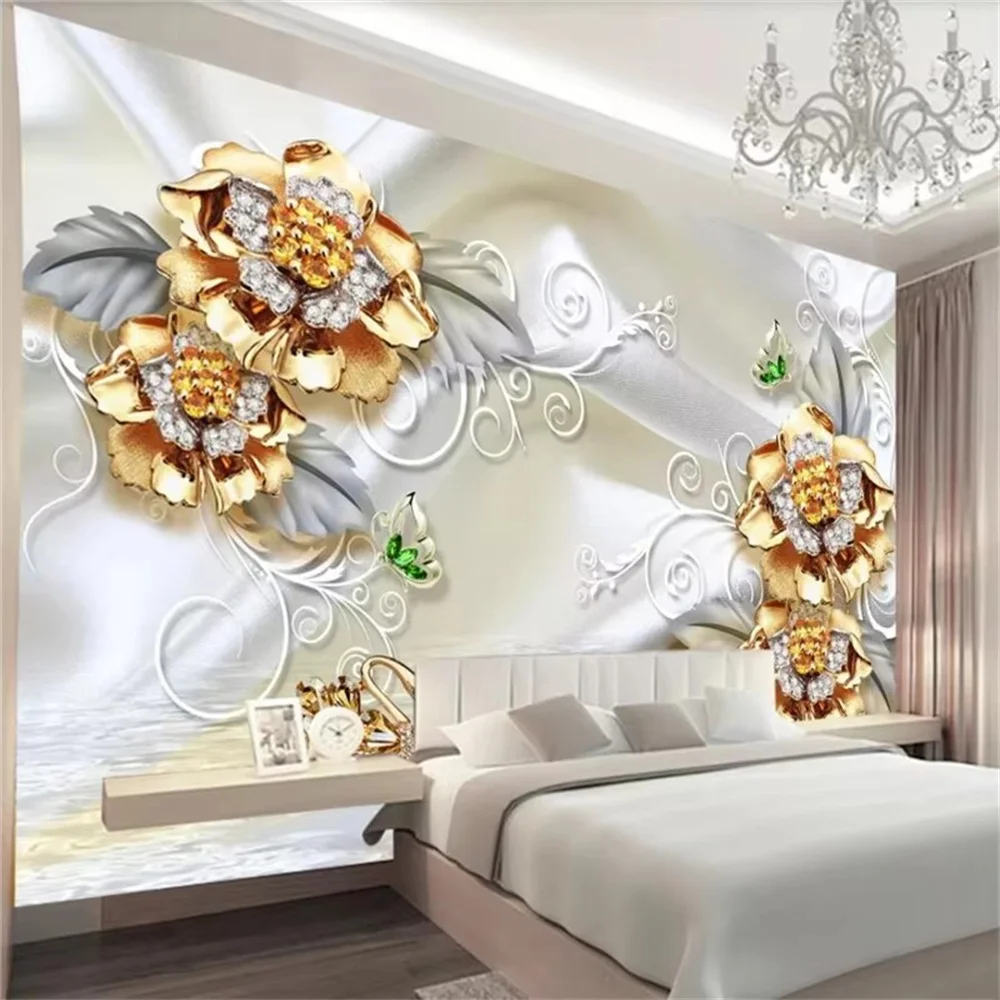 

Custom 3d wallpaper mural flower open rich silk jewelry background wall luxury pearl flower jewelry crystal ball home decor обои