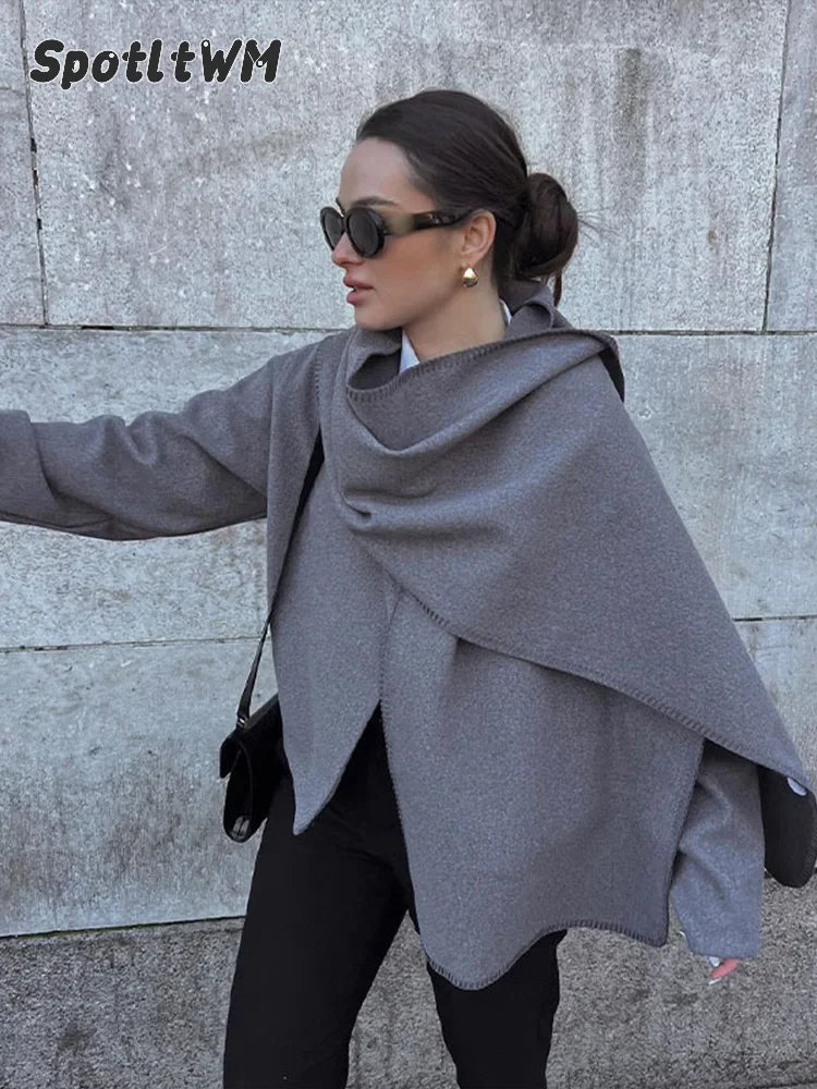 

Causal Solid Fashion Scarf Collar Short Jacket Women Wool Blend Crop Gray Cardigan Coat 2024 New Autumn Street Warm Outerwear