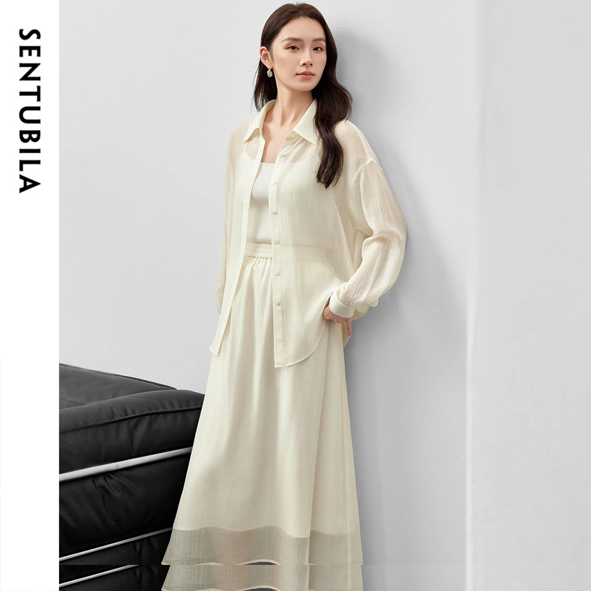 

SENTUBILA 2 Piece Skirt Sets Women Outfit 2025 Lyocell Lapel Single Breasted Shirts A-line Elastic Waist Elegant Skirt 151Z58654