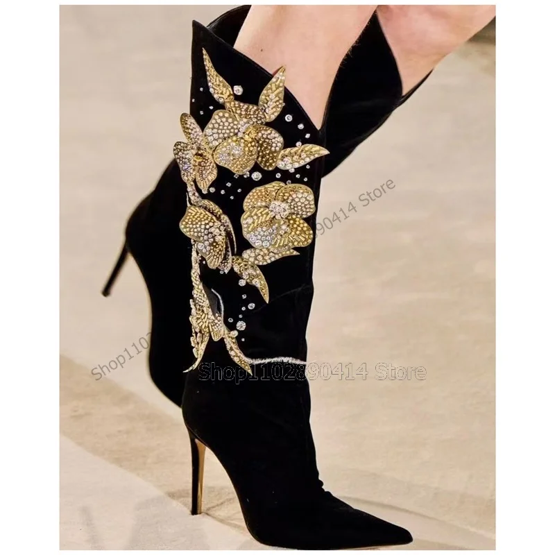 Gold Crystal Appliques Black Pointed Toe Boots Knee High Women Shoes Stilettos High Heels Fashion Sexy 2023 Zapatos Para Mujere