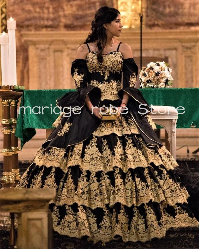 Black Gold Charro Quinceanera Dresses Dead theme Mexican Pff shoulder Applique Ruffle Prom Gown vestidos de 15 quinceañera negro