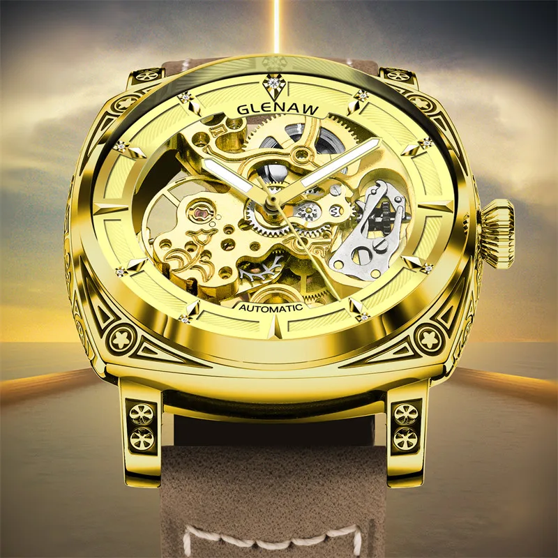 GLENAW New Top Luxury Brand Male Wristwatch Gold Luminous Automatic Mechanical Watch Waterproof Hollow Out Original Men\'s Watch