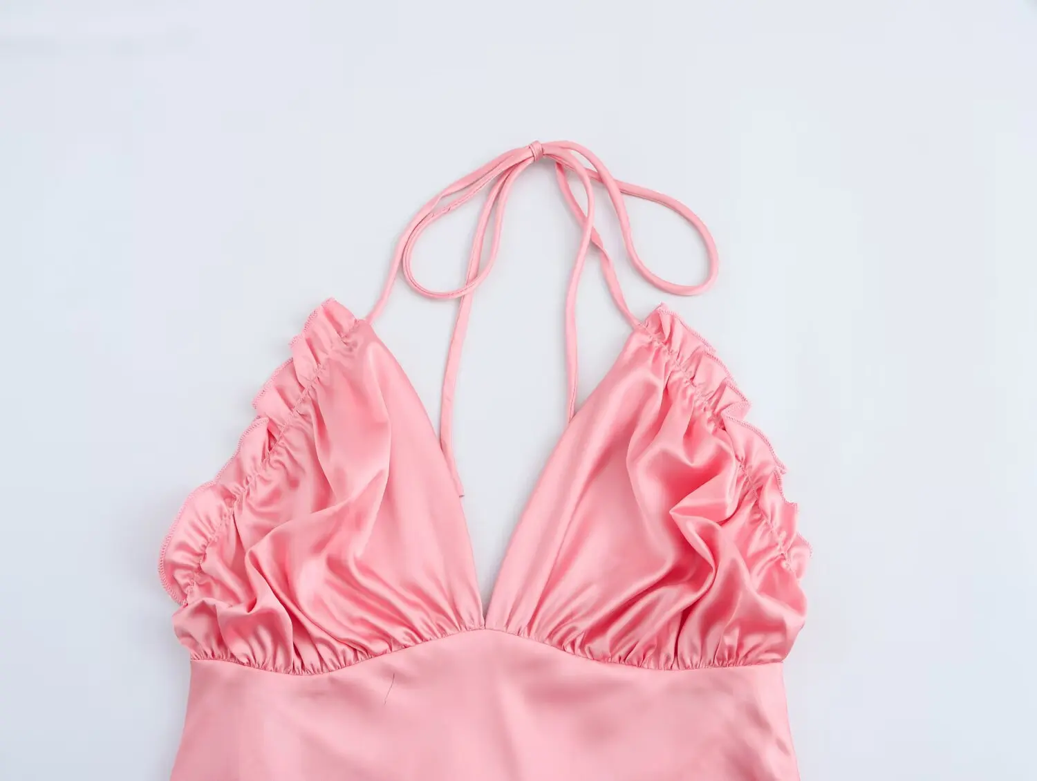 TAOP&ZA TAOP&ZA women's spring and summer new fashionable silk satin texture backless halter necklace long dress