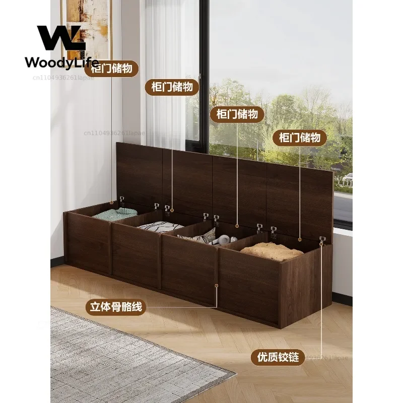 Solid Wood Bay Window Cabinet Household Retro Strip Sitting Floor Cabinet Integrated Wall Window Sill Sunscreen Storage Cabinet