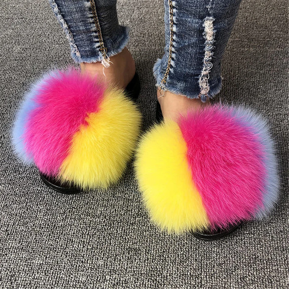 ZMPDXY Fur Slides Girl Summer Flat Slippers Big Fur Slides Fluffy Fur Slides Home Sandals Exquisite Shoes Hot Sale Women Shoes