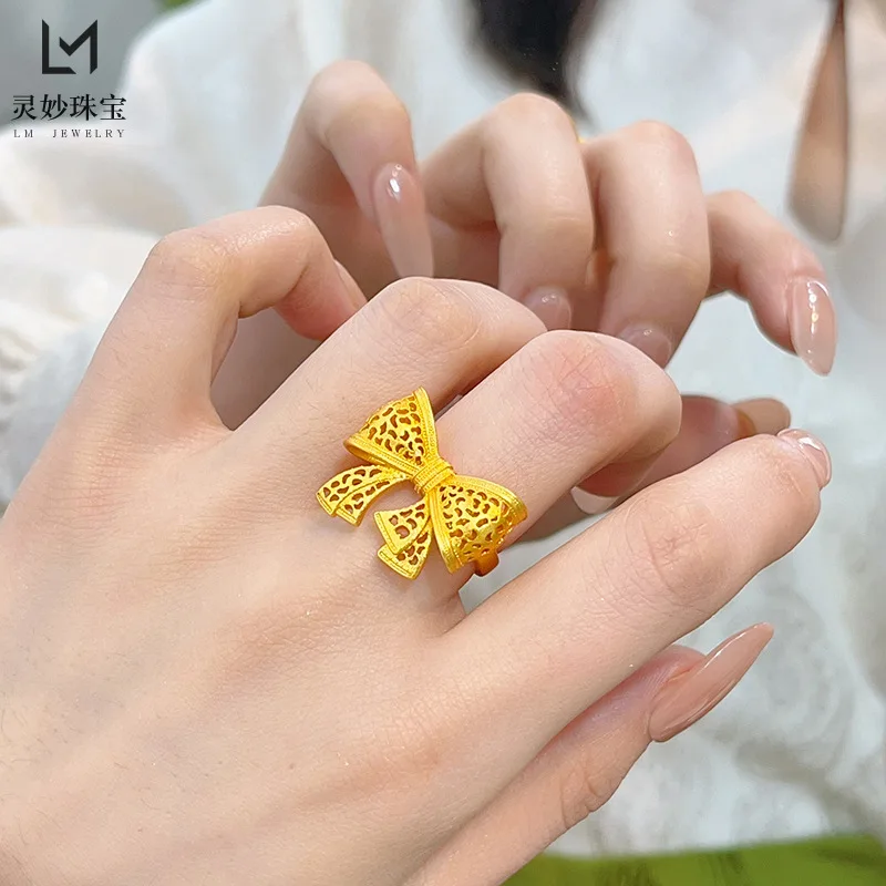 

Роскошные ювелирные изделия из настоящего золота 9999 24 карата, открытое кольцо с полым бантом, матовое золотое кольцо, универсальный модный подарок для подруги