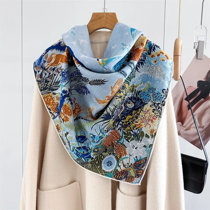 Winter Silk Wool Blend Scarf 135cm Luxury Large Pashmina Square Hand-Rolled Shawls for Women Stole Head Hair Accessories