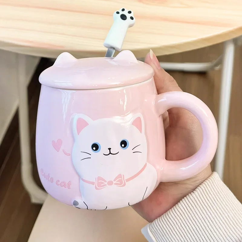 Cartoon Cat New Ceramic Mug With Lid And Spoon Office Water Cup Cute Ceramic Cup Student Cup Breakfast