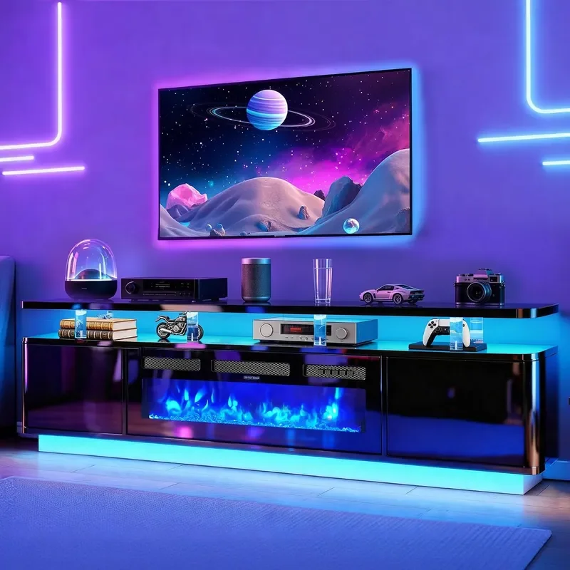 90 Fireplace TV Stand for TVs UP to 100 Entertainment Center with 50 Fireplace Double LED Lights TV Console with Stor